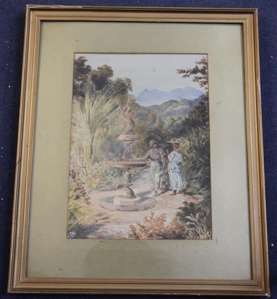 South American School c.1900 Two figures beside a fountain 11.5 x 8.5in.